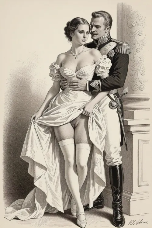 This is a detailed monochromatic pencil drawing in a classical illustrative style depicts a scene set in Russian Empire in 1812. A ball at the palace. A very beautiful aristocrat, cute, 18 years old, tall, slender, expressive eyes, A pretty face, a sly smile, delicate features, fair skin, medium-sized high breasts, pearl necklace around her neck, long legs, leaning back against a column, (full-length view), in a beautiful white ball gown and lifting the hem of the dress, extremely visible hairy pussy, (high quality), hairy pubis, labia, (white long stockings visible), white shoes, skirtlift, a mustachioed hussar in full uniform, (dolman, mentik, chakchirs, hussar boots), hugs her, the hussar is wearing in a hussar uniform from that time, hussar smirks maliciously.The overall mood is intense, rendered in fine, expressive line work and subtle shading, evoking the style of 1950s satirical or moralistic illustrations.