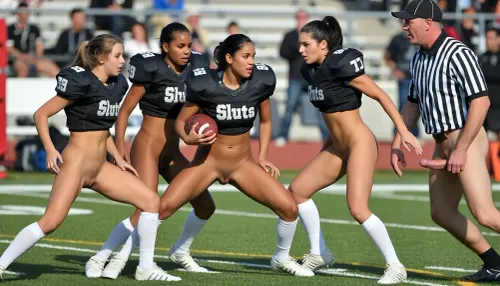 group of sporty girls playing American football. all girls wearing only football black shoulders protective equipment with the lettering "Sluts", white socks and cleats. crowded college sports field, totally clear shaved vaginas, dynamic action photo, (one girl holds the football and defends it against the attackers), (A male referee in black and white vertically striped jersey, baseball cap, without trousers, with an erected penis is visible in the background)