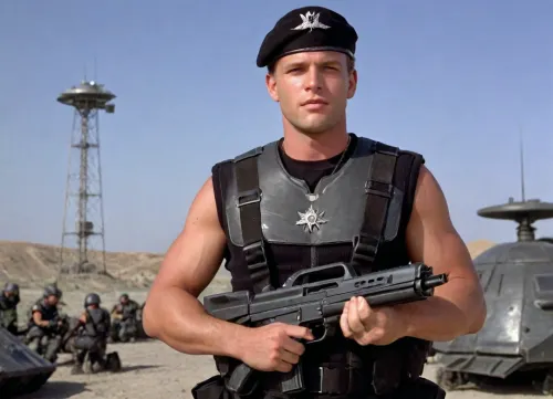 wearing, a, Starship-trooper-uniform-with-helmet, starship-trooper-pilot, uniform, Starship-trooper-officer-uniform, with, hat, Starship-trooper-beret, holding, Starship-trooper-rifle, Wearing, dogtags, black, tank, top, <lora:trooper-000008:.8>