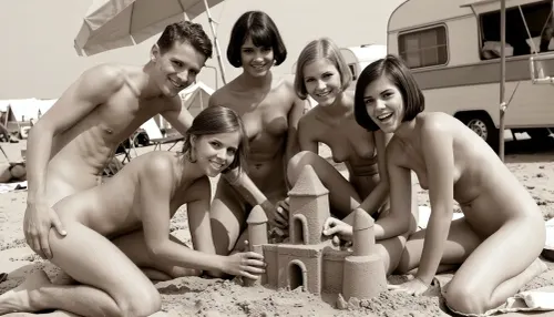 ((old historical photo, black and white in sepia colors, all people totaly naked)), (on holiday in the 1960, vintage), nudists, naked at the beach, seaside, large nudism campsite, some nudists sunbathing in the background, sunshades, ((four cute naked girls, Building a sandcastle)), tiny tits, vintage haircut, vintage look, simple tents, vintage caravans, ((view full body)), blurred background, rule of thirds, light thin hairy pussy, bright sidelight, 4ng3l, face, tcc_foundphotos, vintage, innocent face, careless smile