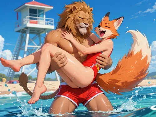 2D anime illustration, muscular lion lifeguard in red swim shorts, proud serious expression, carrying laughing fox woman in his arms, her legs relaxed dangling, both knee-deep in ocean water splashing, beautiful anthropomorphic fox woman in red swimsuit, eyes closed laughing, large fluffy orange tail, lifeguard tower on beach behind, vibrant saturated colors, expressive faces, ultra detailed