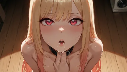 marin_kitagawa from sono_bisque_wa_doll, flat-chested, kneeling on the floor, looking up at the camera with a submissive and eager expression, her mouth slightly open, a man stands above her, his cum dripping from her chin onto her small, flat chest, wearing only a black leather collar, dim, intimate lighting.