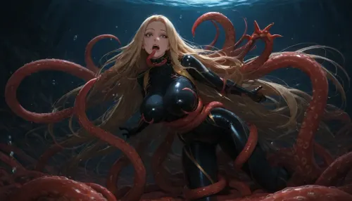 underwater, sexy female diver in black diving suit, very long blond hair, red octopus tentacles grabbing the woman and squeezing her breasts, beautiful face, beautiful black eyes, realistic light and shadow, shocked look, air bubbles come out of her mouth, very high quality, ultra wide shot