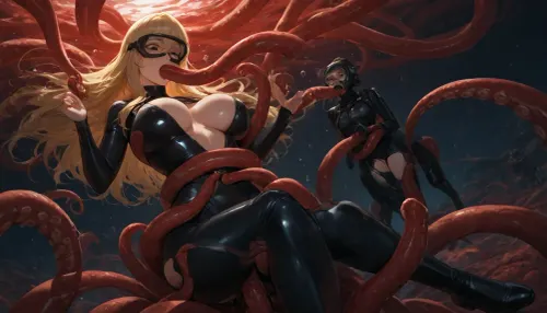 underwater, sexy female diver in shiny black diving suit, long blond hair, (red octopus tentacles grabbing the woman and squeezing her breasts), beautiful face, big beautiful black eyes, shocked look, ((((floating)))), ((big red tentacles around waist)), (((ripped diving suit))), tentacle in ass, two big tentacles in pussy, blowjob, fucking, penetrating, crossed eyes, realistic lights and shadows, many air bubbles around face, diving mask, other divers watching, ultra wide shot, beautiful, low light, 4k