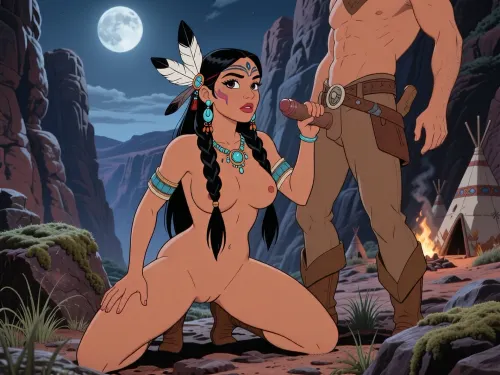 A masterpiece, top quality, 2D hentai in the style of classic anime, bold black lines, retro aesthetics, high contrast, dramatic lighting. An image of a graceful, beautiful young woman, a Native American, in a Wild West style, with a perfect figure and large, firm breasts, she is kneeling in a canyon between cliffs, against the backdrop of a majestic canyon under a full moon, with wigwams visible in the distance. She has long, straight black hair, braided into two thick plaits, with feathers in her hair. Her face bears the delicate traditional markings of North American indigenous peoples. She has beautiful facial features. She is naked. She wears massive turquoise earrings and a necklace made of turquoise and beads. The cool silvery-blue light of the full moon illuminates her. The girl is masturbating the penis of a large, muscular warrior standing next to her. In the background is a majestic canyon with red cliffs, an Indian tribe’s camp, wigwams, and a campfire. In the foreground are moss-covered rocks and sparse vegetation. Cinematic lighting, high detail, realistic textures of beads, fringe, leather, wood, and stone, a masterpiece, ultra-detailed, photorealistic, anime style