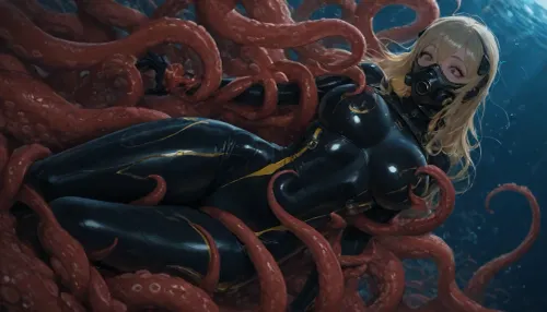 underwater, sexy female diver in black diving suit, long blond hair, red octopus tentacles grabbing the woman and penetrating her holes, beautiful face, beautiful eyes, realistic light and shadow, shocked look, air bubbles everywhere, very high quality, ultra wide shot