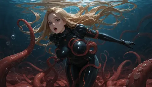 underwater, sexy female diver in black diving suit, very long blond hair, red octopus tentacles grabbing the woman and squeezing her breasts, beautiful face, beautiful black eyes, realistic light and shadow, shocked look, air bubbles come out of her mouth, very high quality, ultra wide shot