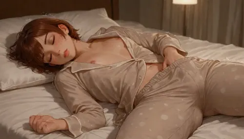 photorealistic, woman, brown short hair, round plain face, freckles, flat chest, short, erect nipples, (unbuttoned grey pajamas), (bare nipple visible), lying on bed covers, (hand in pants:1.3), (drenched pants), (trembling legs:1.1), sleeping, (after orgasm)