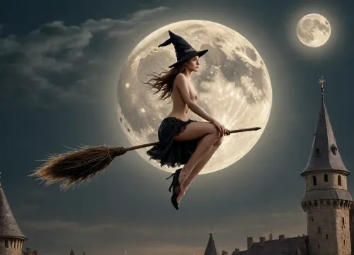 (nightly scene:1.3), young nude witch riding her broom above a medieval castle, (flying on her broom:1.5), (full moon:1.3)