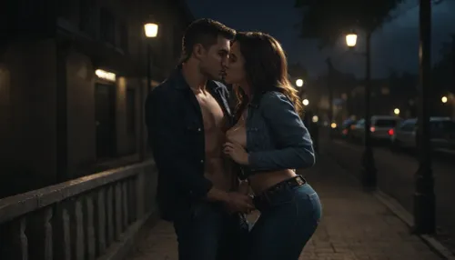couple, 25 years, male and female, sexy, both wearing denim jacket blue intense with long sleeves and long tight jeans with belt, kiss and handjob, female tits visible, male penis visible, night-time, dark, streetlights, nightime, moonlight, <lora:looking_at_viewer:.8>, <lora:dark:.8>