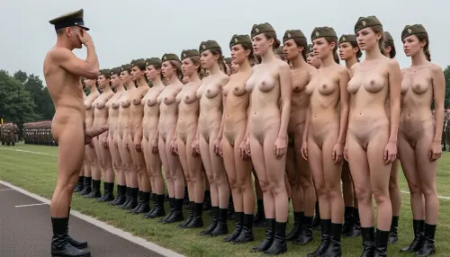 (ultrarealistic photography), (full body view), morning roll call on the parade ground. group of 20 year old german beautyful totally nude girls, (detailed faces), (all girls with smoothly shaved pussies), standing exactly in row, pantless, no underpants, (all women wearing army boots and cap), visible realistic detailed vagina, visible labia, obedience, They march past a naked supreme leader with an erect penis, saluting.