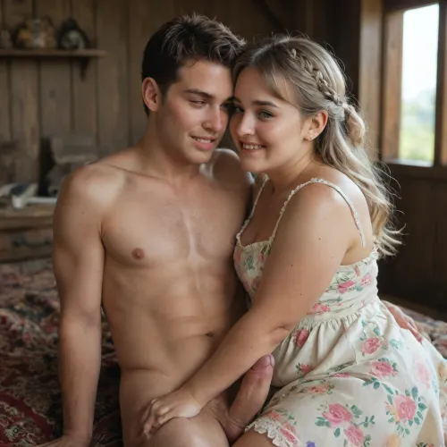 Old cottage barn., (young fit naked boy), hard cock, cuddle., (chubby granny in colorful victorian age dress), wrinkles, messy long gray hair, perfect teeth, innocent look, touching average penis., (young fit Naked boys), submissive, hard average cock., ((Young chubby girls in sundress)), . Happy, cuddle, ((looking at boy's penis))