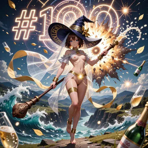 Anime style masterpiece, "KonoSuba" aesthetic. A 21-year-old petite sorceress, 156cm tall, levitating above the ground. She wears ONLY a massive wide-brimmed pointed wizard hat with golden text "ВАЛШЕБНИК" and a ethereal translucent fabric veil covering her entire body. Small perfect chest with visible erect nipples, belt of pure light and sparks at waist, golden bangles on wrists and ankles. Short brunette bob haircut.
Action & Props, Holding a long wooden staff carved with ancient runes, golden ribbons flowing from it, champagne pouring out of the staff tip towards the spell. Surrounded by floating magic circles made of sparks, golden leaves, and champagne bottles.
Background & FX, Epic nuclear-scale champagne explosion in the sky with multiple layered magic circles. Colossal glowing neon text "#100" emerging from the blast center. Massive tidal waves of champagne flooding the valley below. Dynamic lighting, volumetric rays, sparkling particles, cinematic composition, ultra-detailed anime illustration, vibrant colors, high contrast