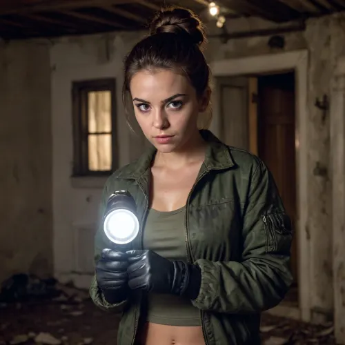 amateur shoot, high details, slender, 20yo, beauty, makeup, dark hairs, messy bun hairstyle, small breast, scared face, tight brown shorts, camo jacket, black leatherf gloves, holding a flashlight, in abandoned manor, very dark luminosity, urbex