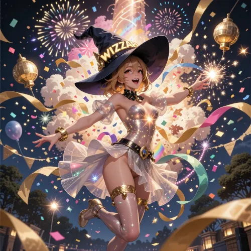 anime-style illustration inspired by “KonoSuba, God’s Blessing on This Wonderful World!” where Megumin, (18, 156&nbsp;cm), throws the world’s wildest party, with her explosion as the grand finale. She’s the heart of the celebration&nbsp;—&nbsp;pure joy, chaos, and magic.

She floats surrounded by confetti, golden streamers, and floating sparklers. Her body shimmers with festive energy, sparks dance across her skin like tiny fireworks, and beams of light radiate from her eyes&nbsp;—&nbsp;the gleam of someone having the time of their life. Her expression is ecstatic, a wide, slightly manic grin, eyes sparkling, head tilted back in laughter.

She wears a huge pointed wizard’s hat with wide brims, “WIZZARD” glows in golden letters like a cheerful party sign. Beneath it, translucent tulle flows around her like a cloud of glitter. A belt of light and sparks pulses to an invisible beat, like a disco show. Golden bracelets on her wrists and ankles chime like tiny party bells.

Megumin is the epicenter of the explosion&nbsp;—&nbsp;but it’s a festival blast, not an apocalypse. The explosion is made of champagne-colored magic, confetti bursts, rainbow sparkles, and ribbons of light. She dances with the energy, letting it carry her. Her silhouette is framed by concentric rings of magic that look like party decorations, glowing hoops, floating lanterns, spinning golden wheels.

Above the valley, magical circles unfold like giant blooming fireworks, each brighter than the last. Static electricity crackles with the buzz of excitement. Even the distant trees seem to sway to the rhythm, as if cheering her on.

At the climax, the world pauses for a breathless moment to watch the spectacle, then a thunderclap sounds more like a cheer. A towering pillar of sparkling magic shoots into the sky, painting clouds pink, gold, and electric blue&nbsp;—&nbsp;the most spectacular fireworks ever. Waves of energy spread outward as a wave of celebration, carrying floating balloons, streamers, and tiny glowing hearts.

When the blast settles and the last sparks drift down like slow confetti, a colossal glowing sign appears, “#100.” The hundredth party, the hundredth time she’s turned the world into a festival. Megumin descends slowly, her tulle veil shimmering with leftover sparkle, her smile wide and satisfied&nbsp;—&nbsp;the look of someone who gave the world the best birthday ever.

The mood is vibrant, joyful, and comically epic, chaos as a party, magic as the ultimate fun&nbsp;—&nbsp;the glorious nonsense that makes “KonoSuba” beloved.