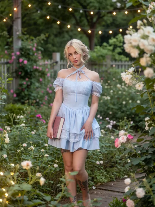 A full-body portrait of a young woman with fair skin and blonde, wavy hair styled in soft curls, standing in a lush, flower-filled garden. She has a serene expression, with defined eyebrows, subtle makeup, and a direct gaze toward the viewer. She wears a light blue, off-the-shoulder tiered dress with sheer lace sleeves and a delicate tie detail at the neckline. In her right hand, she holds a closed book with a pink cover, her left hand rests gently on her hip. Visible tattoos adorn her left forearm and thigh. The scene is bathed in warm, golden-hour lighting, with soft bokeh from string lights overhead creating a dreamy, romantic ambiance. She is surrounded by abundant white and pink roses, with green foliage and a wooden pathway in the background. The composition is centered on the subject, with a shallow depth of field emphasizing her against the softly blurred floral backdrop. The image has a cinematic, high-fidelity quality with rich color saturation and soft focus, evoking a fairytale-like atmosphere.