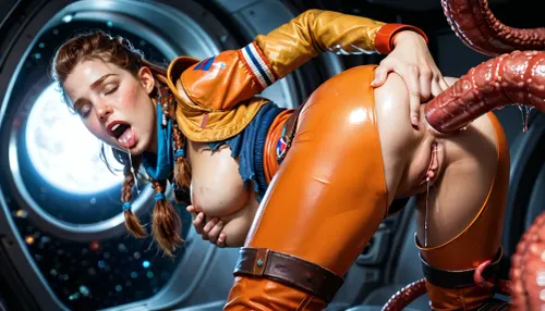 (masterpiece, perfect illumination, ultra-detailed, highest quality, extreme quality, 8K, finest details, amazing photography, award winning, spectacular image, focus, realism, UHD), . The image is a beautiful boudoir painting of a pinup girl in a retro space suit who is being fucked by alien tentacles., (anal sex:1.6), . She is wearing a skin tight retro space outfit that is white and chrome, her outfit is torn revealing her breasts and ass. Her expression is intense, seductive, and submissive, with eyes closed and a lustful, excited look. blushing face, (she has saliva dripping from her open mouth:1.4), Her body is trembling from multiple orgasms. She is in a strong, expressive pose, (Her left hand is holding her left breast:1.4), (her right hand is fingering her clitoris:1.4), (random anal position:2), visible deep anal penetration, She is inside of a badly damaged spaceship. She is moaning with pleasure and her eyes are rolling back. The spaceship is being overrun by alien tentacles. Retro scifi. Pin_up_girl, horizon zero dawn, random view angle, (gritty ultra realistic photography, high resolution, depth of field, realism portrait photography style, dramatic shadows, 50mm lens, bokeh background, award winning)