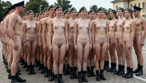 (ultrarealistic photography), (full body view), morning roll call on the parade ground. group of 20 year old german beautyful totally nude girls, (detailed faces), (all girls with smoothly shaved pussies), standing exactly in row, pantless, no underpants, (all women wearing army boots and cap), visible realistic detailed vagina, visible labia, obedience, faint smile, four naked supreme leaders with an erect penises, masturbates near the girls, some girls face and hips covered with cum