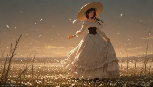wide, cinematic shot, tall woman with small breasts, wearing a fancy long victorian dress in an endless sea of flowers. she wears glasses, a corset, a big fancy hat, her breasts are exposed, has dark hair. the wind is blowing lightly, petals, she is very happy, twirling her dress. she carries a fancy victorian umbrella. her full body is in view