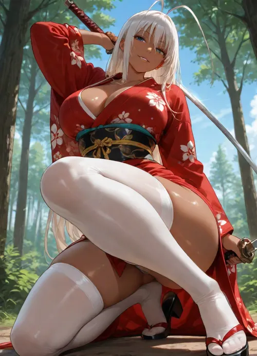 Natsume Maya from Tenjo Tenge, red kimono, white stockings, black sandals, tanned skin, wielding a katana, sexy posing in the forest, blue sky, white clouds, seductive grin to viewer, beautiful, masterpiece, high quality