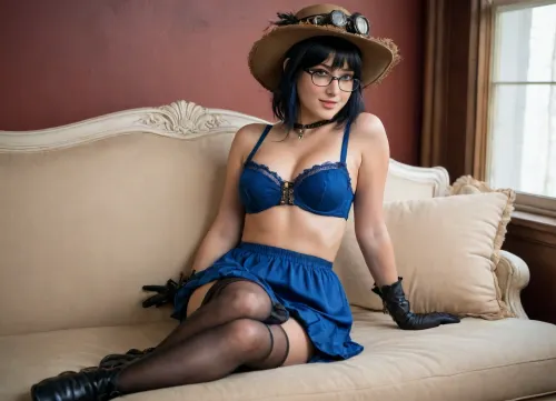 Young beautiful woman, glasses, black hair with dyed blue tips, bangs, side view, full body in view, laying on side, wearing a steampunk dress, long skirt, large sunhat. dress pulled up to her waist, revealing wet pussy and legs in garter stockings, long tight black boots, horny, smiling seductively, exposed breasts, exposed tits, showing tits, silk lacy gloves