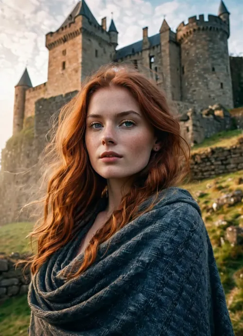 A breathtaking cinematic portrait of a beautiful young Scottish woman with authentic Scottish features, fair, translucent skin, delicate freckles, piercing eyes, and long red hair. She is wearing a cozy vintage wool shawl. She stands against the backdrop of a majestic medieval stone castle, shrouded in a light morning mist. Soft contour lighting, a mystical and atmospheric morning ambiance, ultra-realism, high detail, and photorealism.