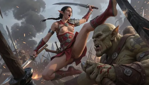 Oil painting style, Greg Rutkowski inspired, ethereal, cinematic lighting, hyper-realistic, 8k resolution, intricate detail, high fantasy, "Lord of the Rings" aesthetic. A cinematic wide shot of a beautiful elvish princess in ranger armor fighting her way through giant orcs with halberds while she is wielding two mithril scimitars, amid a battlefield with smoke and magical sparks, epic scale.

a beautiful young elf princess, SamDoesArt2, passionate, yelling a war cry, petite, (dark haired skinny female elf:1.3), very beautiful face, dark tan skin, french braid, very small breasts, stiff nipples, red leather ranger armor, red leather bodice, elf ears, jumping high through the air, she kicks an orc in the skull. She stabs an ogre through the skull. She slices another orc's arm off. Blood sprays everywhere, low POV looking up