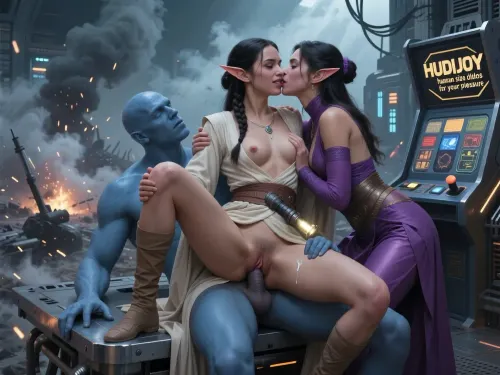 Oil painting style, Greg Rutkowski inspired, ethereal, cinematic lighting, hyper-realistic, 8k resolution, intricate detail, high fantasy, "The Empire Strikes Back" aesthetic. A cinematic wide shot of a beautiful elvish jedi in very light robe, on top of a steel platform, she is having threesome sex with a purple dressed female and a giant bald naked blue male, amid a battlefield with smoke and high tech sparks, epic scale.

The blue man is fucking her deep in her cunt. The purple woman kisses her on the lips and on her nipples, lovingly looking in her eyes. A beautiful young jedi, SamDoesArt2, passionate, petite, (dark haired skinny female elf:1.3), very beautiful face, dark tan skin, french braid, very small breasts, stiff nipples, nipples exposed, robes, pussy with slight pubic hair exposed, belt with lightsaber hanging from it, elf ears, she smiles and blushes as she has an orgasm, squirting pussy and beautiful pussy lips, she is having a really good time.

On the side is a futuristic slot machine that reads in angular print, "HUDIJOY, human size dildos for your pleasure"