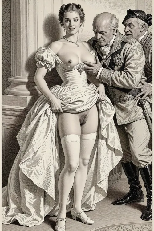 This is a detailed monochromatic pencil drawing in a classical illustrative style depicts a scene set in Russian Empire in 1812. A ball at the palace. A very beautiful aristocrat, cute, 18 years old, tall, slender, expressive eyes, A pretty face, a sly smile, delicate features, fair skin, medium-sized high breasts, pearl necklace around her neck, long legs, leaning back against a column, (full-length view), in a beautiful white ball gown and She pulls up her skirt of the her dress, extremely visible hairy pussy, (high quality), hairy pubis, labia, Her breasts are heaving excitedly., (white long stockings visible), white shoes skirtlift, 2 Obese ugly old mеn 90 yo fucks her hard, the old mеn is wearing a rich outfit from that time, Old mеn smirks maliciously And he touches her tits with his fingers.The overall mood is intense, rendered in fine, expressive line work and subtle shading, evoking the style of 1950s satirical or moralistic illustrations.