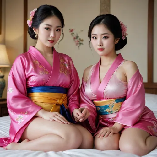 <lora:Tail_Plug__SDXL:.1>, In a tidy bedroom, two voluptuous Asian women, one dressed in a hanbok and the other in a kimono, their breasts exposed and buttocks raised, had dildos inserted into their vaginas and anal plugs inserted into their anuses. Their eyes were glazed over.