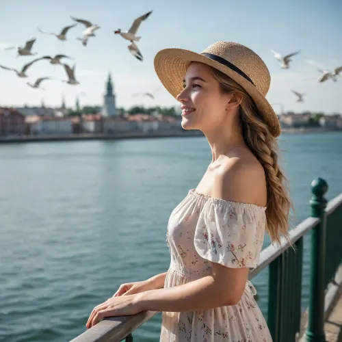 A side view, a sunny day, summer, seagulls flying over the water, a seaside embankment, a city. A young woman, 20 years old, stands near the railing. She is slender and beautiful, with light hair braided in a thin, waist-length braid. She is wearing a light, almost transparent summer dress with floral patterns and a straw hat. Her head is turned upward toward the sun, her face is turned upward, her eyes are closed from the sun, she is smiling, enjoying the weather.