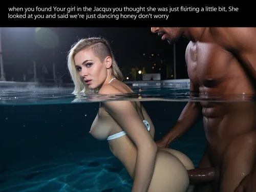 half picture is under water view, horizontal split screen, (((beautiful, wife, pale, very short, soft, short height, freshman, shy, sweet, cute, 37 years old, tiny wife, skinny body:1.6))), ((undercut style one side shaved blonde haircut)), (((small saggy b cup breasts size cover by her bikini))), she's wearing a white bikini top, nighttime, Sneaky sex, steam in the air, Dim lighting, A very large muscular African man, penetrating her ass from behind with his massive large penis, doggy-style sex, side view, Woman is staring at the camera, caption text with black background at the top of the screen “ when you found Your girl in the Jacuzzi you thought she was just flirting a little bit, She looked at you and said we're just dancing honey don't worry”