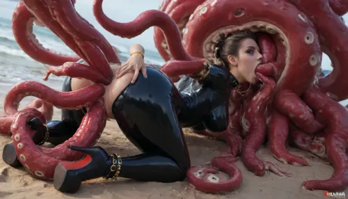 (Magazine cover), (one incredibly gorgeous woman:1.7), ((Hyper octopus monsters:1.5)), (octopus fucking woman:1.3), (bulldog sex position:1.71), ((woman in a deep quadrupedal, yoga cat-cow position, chest and face lowered toward the ground while her hips are elevated high), (octopus stands over her, positioned over her back and lower body), (The scene captures a high-angle rear-entry pose where octopus is leaning forward over the woman’s arched back:1.2), (quadrupedal stance), "deep all fours, " "chest to floor, " "extreme arching back, " ", (chest pressed against the ground" with the "head tilted up while maintaining a low profile, " "high raised buttocks" and "ass up in the air), (kneeling with legs spread" and "thighs vertical:1.39)), (((octopus crawling on her back with tentacles wrapped around her and cock aimed downwards in her anus:1.4))), (deep anal penetration:1.4), (impossible fit:1.3), (triple penetration:1.65), (fucking woman's mouth pussy and anus:1.53), (octopus gangrape:1.35), cock in mouth, (brutal face fuck:1.45), (tears in eyes), (running makeup), (extreme massive cum drips and dangles from her vagina and anus), (cum drips from mouth), ultra hd, hyper gigantic large ponycock in anus and mouth, (((ponycock in anus and mouth:1.3))), brutal face fuck, tears in eyes, running makeup, gasping for air, highly detailed, high resolution, perfect lighting, natural lighting, (throatfucked:1.35), (anal:1.5), (masterpiece:1.4), hard nipples, (long legs), (small tight ass), hourglass waistline, perfect anatomic woman’s body, (anal spitroast:1.45), gagging on cock, (spitroast:1.4), wide eyes, throat bulge, puffy cheeks, hyper thick loads of lumpy cum, (hyper large cock in mouth:1.3), (screaming:1.35), shocked, sad, sad crying, (extremely disgusted and repulsed facial expression:1.35), (extreme orgasm:1.5), hyperrealistic, 8K, BadX, Stable-Yogis-Makeup-Enhancer-XL, spectacular lighting, ((Vampirella is a tall pale woman with a ponytail of dirty blonde hair and green eyes. Her look is that of a skimpy, She wears a collar at her neck, (extremely long high-heeled black platform boots:1.3), (tight black latex bodysuit), and a golden bracelet on one arm)), perfect face, perfect eyes, (Ocean background:1.2), ((rear angle view), (woman face in view), (woman looking back over her shoulder:1.25)), (masterpiece:1), Uber realistic, ultra detailed, masterpiece, arched back, 35mm photograph, film, hdr, photographic, ultra realistic, ultra high details, back light, best quality, proper physics, volumetric lighting, golden hour lighting, dramatic shadows, rich details, nature-inspired color palette, GapingAssholesAllFourQuiron, pose, all, fours, from, behind, spread, ass, (High, Resolution), (More, Details), (8K), 4ss_p4nts, shiny, <lora:SDXL1.0_quiron_GapingAssholesAllFour_v5.1p_Lora:2>, <lora:SDXLHighDetail_v6-000005:2>, <lora:EnvyBeautyXL08:2>, <lora:Ass_Pants_XL:2>, daiton, <lora:fish_daiton:.8>