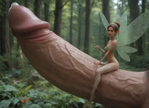 Cinematic side view, deep forest, Giant man, giant oversized cock, massive cock, (((Mature Fairy is as tall as Giant mans penis. Penis is thicker than Mature fairy, Fairy is extremely short), tiny, slender, skinny, petite, small)), ((Mature Fairy look like 50yo slender woman, huge saggy breasts, stockings, petite, tiny, slender, pubic hair)), ((tight black see-through dress)), disgusted expression, looking at massive cock, cock bigger than her body, body sized cock, pubic hair, cock bigger than fairy, face against cock, Licking the tip, ((oozing cum)), tamada heijun art