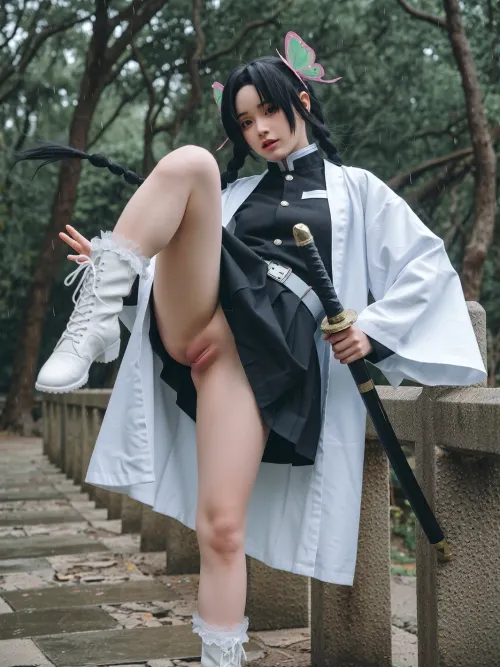 Full body portrait, cosplay of Tsuyuri Kanao, delicate young East Asian girl, fair cold white smooth skin, small oval face, drooping cute eyes, dark brown pupils with cold calm gaze, long fine eyelashes, tiny delicate nose, pale pink lips, black hair with straight bangs and double ponytails, pink-green gradient butterfly hair ornament on hair, Demon Slayer uniform, loose white haori cape, short black uniform dress, white waist belt, white lace-up tall martin boots, dynamic fighting pose, one leg standing firmly on ground, another leg bent and raised upward, both thighs fully exposed, fair smooth flawless thigh skin, slender well-proportioned leg lines, slender calves, Raise your legs, and don't block your genitals with your skirt and thighs, outdoor forest scene, lush green trees, cloudy rainy day, fine falling raindrops, wet stone road with water reflection, hazy moist atmosphere, soft diffused natural light, misty rainy feeling, full body shot, multi-angle view, small head slender body, slim figure, hair fluttering gently in breeze, cape hem fluttering, holding Japanese Nichirin katana sword, slender elegant hands, raindrops on clothes, legs and hair, inside vagina, tender pink vagina mucosa, moist glossy surface with tiny water reflections, soft natural shadow gradient, delicate soft tissue texture, shallow depth of field, soft diffused indoor lighting, photorealistic, 8K ultra HD, realistic photo texture, subsurface scattering, clean simple frame, fine human tissue details, masterpiece, best quality.

pull the middle position of the labia, gently pull and labia skin horizontally to both sides, Reproductive organs slowly open steadily, the bottom of Reproductive organs and vagina form smooth full circular arc shape, gentle curved line without sharp tip or sharp indentation. the lower part of Reproductive organs and vagina root present soft and wide circular arc outline at bottom completely, no narrowing sharp tip, no slender pointed protrusion, no sharp V-shape angle. fully expose inner Reproductive organs structure, the mucous membrane inside vagina shows delicate pale pink translucent texture, soft tissue of vagina is tender pink, with fine smooth surface texture, vagina wall is pale red and soft, vagina keeps moist with natural glossy luster, slow and gentle movement with steady pulling force, full tender soft tissue with mild fine texture overall.The vaginal opening is completely exposed, and the vaginal opening cannot be closed.The round vaginal opening can vaguely see the uterus deep inside.

film photo texture, delicate skin details, fine skin texture, Real person photo, shot by DSLR, realistic style, subtle pores and skin texture, matte skin without shiny reflection, slight facial asymmetry, relaxed natural expression, vivid eyes, fluffy natural hair, clothes folds fit body gently, soft diffused light, smooth light transition, low saturated natural color, slight film grain, realistic depth of field, no CG rendering.