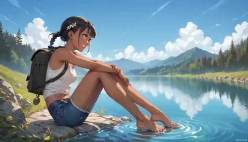 girl by the lake, looking away, backpack on the floor, sit at the lake, bare feet in the water, side view, <lora:Tan_Pokemon_Anime_style_girl:.8>, <lora:aesthetic_anime_v1s:.8>, black hair, big braid, green eyes, dark skin, skinny, wearing short jeans and a white ample tank top, big smile, happy, looking away at the moutain, <lora:BIXL-LORA-Lake-Baikal-v001:.8>