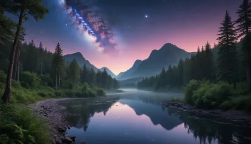 Full color image, 8K resolution, the sky is filled with cool colors, cool gas giant planets, and strange jungles, Create a serene and enchanting scene of a romantic landscape at dusk, with a meandering river that flows gently through the heart of the forest. The night sky above is a deep shade of indigo, adorned with a tapestry of twinkling stars that shine brightly like diamonds against the dark canvas. The forest, lush and vibrant, is dotted with tiny spots of soft, warm light, as if fireflies or string lights are scattered throughout the trees, casting a magical glow across the landscape. The atmosphere is peaceful and tranquil, with a sense of wonder and romance that fills the air, inviting the viewer to step into this idyllic world and get lost in its beauty.， Strange alien landscapes, unique Milky Way river nebulae, strange animals, space vehicles, flying spacecraft