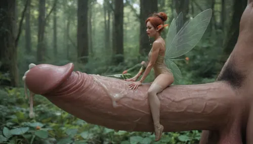 Cinematic side view, deep forest, Giant man, giant oversized cock, massive cock, (((Mature Fairy is as tall as Giant mans penis. Penis is thicker than Mature fairy, Fairy is extremely short), tiny, slender, skinny, petite, small)), ((Mature Fairy look like 50yo slender woman, huge saggy breasts, stockings, petite, tiny, slender, pubic hair)), ((tight black see-through dress)), disgusted expression, looking at massive cock, cock bigger than her body, body sized cock, pubic hair, cock bigger than fairy, face against cock, Licking the tip, ((oozing cum)), (mature fairy chest covered in thick cum:1.4), (massive amout cum of spilling out of her mouth:1.4), tamada heijun art