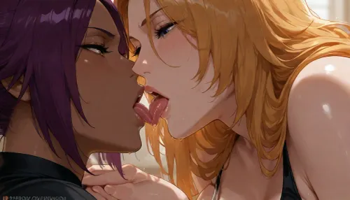 yoruichi shihoin from bleach, french kissing, rangiku matsumoto from bleach, masterpiece, beautiful
