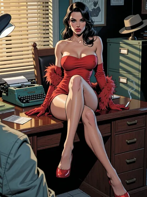 comic book style, graphic illustration, comic art, graphic novel art, ink outlines, vibrant colours, beautiful Femme Fatale sitting on a mahogany desk in a Detective's Office, legs together, (legs crossed enticingly:1.3), looking at viewer, confident and seductive expression, with a well-built figure, Venetian blind casting shadows, vintage typewriter, and filing cabinet, fedora on a hat stand, She should be wearing a strapless red dress, long elbow gloves, and a feather boa, with her legs crossed and holding a cigarette, Image taken from the point of view of the detective, with the detective out of shot, Pay attention to the lighting and shadows to create a mysterious atmosphere, with a focus on the Femme Fatale's captivating presence