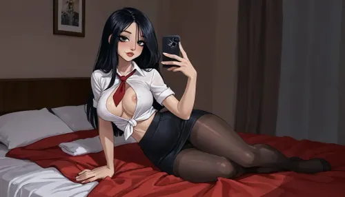 reiq meets innv and Jack cayless art style, closeup Sexy 18 year old woman, (student flashing tits from scrub top), (wearing student uniform, white shirt, color tie, pantyhose), photogenic 18 year old college student, Petite fit, busty hourglass figure, ((sexy wavy long brilliant black hair)), (sitting on bed in the bedroom full body photo), (professional photo), wearing mini skirt, taking selfie with phone, sexy body, curves, large, breasts, big, boobs, huge, tits, warm sun light, ratatatat74, <lora:EnvyBeautyXL02:1>, <lora:mk_Bp Anime_xl:1>, <lora:EnvyAnimeDigitalPaintingXL01:1>, <lora:ratatatat74-000050:1.9>, <lora:bombshell_v2:1>