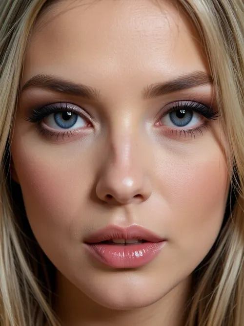 close up of a stunningly beautiful face of a woman with, (deep blue eyes:1.8), blond hair, masterpiece, best quality, photorealistic