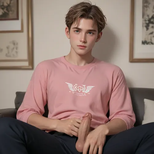 gay man penis, alone, pink shirt