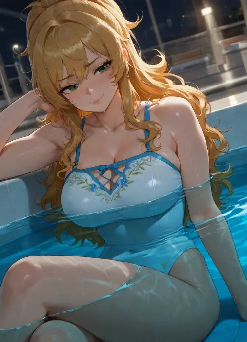 0 20 year old sitting underwater legs crossed, (crossed legs:1.2), under water half submerged, (half submerged:3), light blue pretty one-piece swimsuit with floral embroidery along the neckline, (wavy yellow hair:.8), yellow wavy hair in a lose ponytail, pool, cruise ship deck, yacht deck pool, uplighting, pool lights, outside night, slutty, toned arms, (shy smile:1.2), wide eyes, green eyes, stare, amazed, freckles, glossy and full voluptuous lips, (strong jawline:.5), focus on eyes, high shot, side angle, dynamic shot, upper 2/3 shot, detail, highly detailed, skin detail, <lora:bimboxl_02:.7>, <lora:Incase_Style__SDXL:.1>, <lora:AfrobullPony2-000016:2>