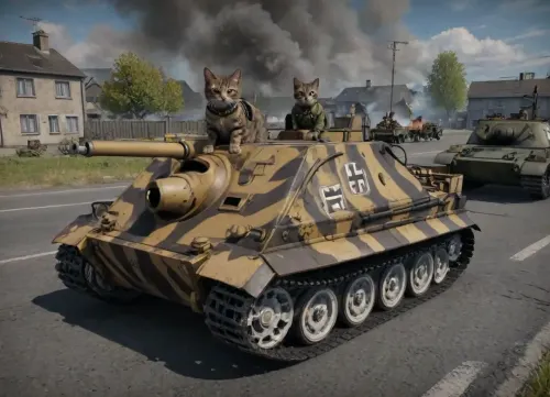 A thin tall tabby cat, Nazi female cat, sitting on a sturmtiger tank, carrying a pistol, (european shorthair, darkbrown fur, greeneyes, dark gray fur), traditional German nazi clothing high rank uniform, nazi clothing, iron cross first class, she is leading a group of heavy armed german soliers, in an country town, corpses lying around, burning tanks, cannons, soldiers, burning old houses, planes in the air, 4rt_0f_w4r, clothes, ktt, artstyle, <lora:ArtOfWar-xl1024-v1a-0__4rt_0f_w4r:2>, <lora:uniform:1.9>, <lora:Kitty LoRA - Trigger with KTT Artstyle:1.3>, <lora:sturmtigor-000007:1.7>