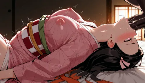 Nezuko Kamado, (Demon Slayer), laying upsidedown on bed giving deepthroat blowjob. hyper dick halfway in mouth, throat bulge, deepthroat blowjob, arching back, side view, drooling, pre cum, crossed eyes, orgasm face, glowing pink eyes, pink Kimono, blushing, struggling, gabbing her head, petite boobs, perky nipples, covered nipples, moody lighting, dark bedroom, masterpiece., Nezuko, kamado, nezuko, <lora:Nezuko_XL_0_-000005:.3>, <lora:Nezuko:.3>