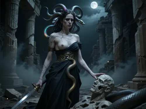 Medusa Gorgon, ancient cursed woman of immense power and unbearable tragedy, pale cracked marble-like skin with subtle veins and faint ancient scars, living writhing snake hair with highly detailed iridescent scales, multiple realistic snake heads hissing in restless sorrow and aggression, hypnotic deep piercing eyes filled with centuries of pain, loneliness and quiet despair, gaze full of ancient sorrow and reluctant lethality looking directly at viewer, deeply melancholic and tragic expression, elegant but tattered ancient Greek dark gown with faded gold serpent motifs, standing among heavily ruined and decaying marble columns of her long-abandoned temple at night. She has just petrified yet another intruder who came to slay her — his broken stone statue lies at her feet, sword still in hand. Heavy oppressive mist and thick shadows surround her, cold pale moonlight barely piercing the darkness, eerie faint glow from the snakes' eyes, atmosphere of eternal curse, profound loneliness, endless suffering and tragic beauty, powerful yet broken and weary goddess, ultra detailed snake scales and cracked marble skin texture, masterpiece, best quality, 8k, photorealistic with dark artistic rendering, intricate details, sharp focus, cinematic chiaroscuro, moody and desolate, standing alone in complete desolation, one hand gently touching the shattered stone face of the petrified hero as if remembering something lost long ago, expression of profound ancient grief and resignation, heavy fog swallowing the ruins, feeling of centuries of solitude and betrayal