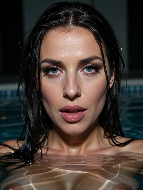 (an erotic snapshot of a gorgeous 40yo MILF with a sultry face:4), (straight-on view, facing square to the camera), (romantic indoor pool scene, partially submerged), (seductive gaze making sultry eye contact with the viewer), (loose strands of hair framing her face, long hair, wet hair, soaked hair), (soft lips with pillowy creases, luscious plump lips:4), (large expressive eyes, foxy blue eyes, high filled cheekbones), (Minimalist moody chiaroscuro lighting, deep shadows emphasizing her bone structure), The mood is sensual and alluring, charged with anticipation, (85mm portrait, shot on medium format), (direct eye contact, looking at viewer, chiaroscuro lighting, sharp focus, high detail), (vellus hair, limbal rings)