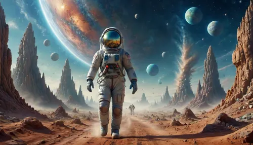 Rock wonders on the celestial sphere in outer space. A lovely woman walking upright. Smiling, wearing toy spacesuits and astronaut helmets. ktt， Jade Universe, green, eyes, blue, brown, perfect eyes, spectacular dust storms in the distance, flying sand and stones in the environment., <lora:Space_sdxl:2>, <lora:Jed-Cosmos-sdxl:2>, <lora:Surreal_Space-000013:2>, <lora:PerfectEyesXL:.5>