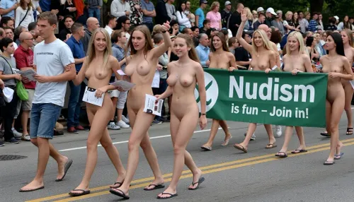 (ultrarealistic photography), (full body view), A festive parade with a large crowd of spectators., (Four girls with flip flops are walking in front of a nudist group and handing out flyers to the crowd.), (girls go to the audience, hand flyers to a young men in the audience), (Two girls behind the flyer girls, are carrying a green banner with the inscription "Nudism is fun – Join in!"), (a walking group of nudist girls, wearing only flip flops, behind the banner), (only girls), The girls are cheerfully waving to the spectators, the atmosphere is high-spirited.
beautyful girls with shaved vaginas and perky tits.